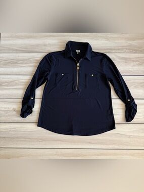 Anne Klein Navy Stretchy Shirt with Gold Accent Navy Large EUC